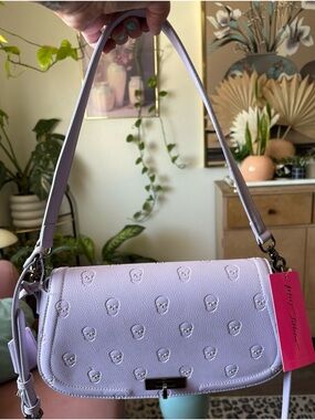 Betsey Johnson Lilac Embossed Skull Crossbody Bag with Silver Hardware